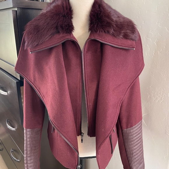 New Burgundy Wool and Fur Bomber Jacket - Picture 6 of 10